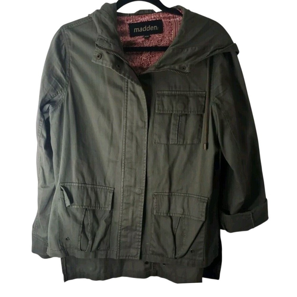 Womens Madden NYC Olive Green Utility Jacket Size M Hooded Anorak Roll Tab